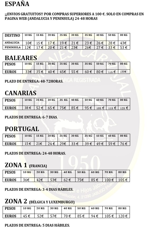 Tarifa Portes JamonesCarvajal 2025